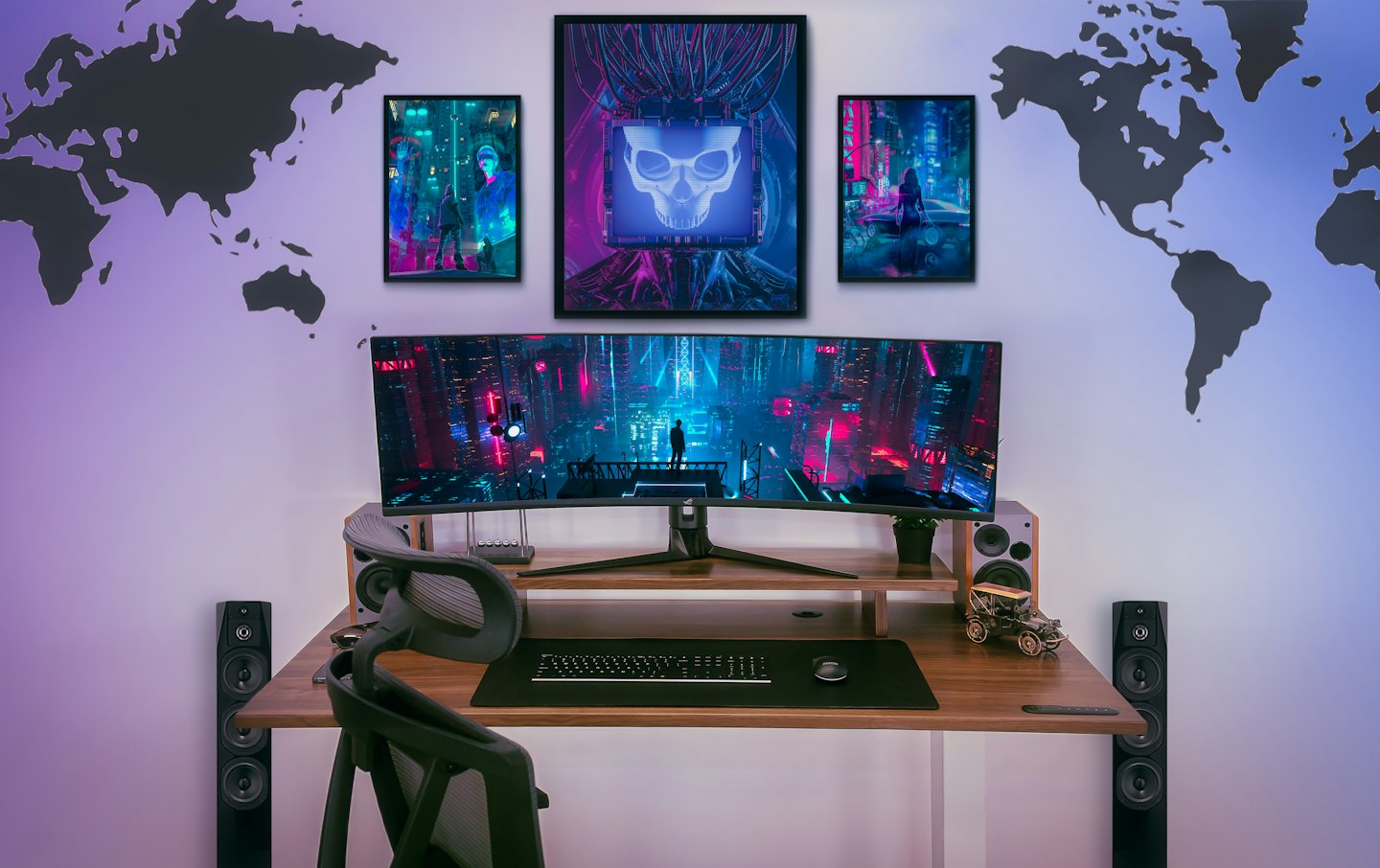 Un monitor ultrawide curvo mostra una cittร cyberpunk.